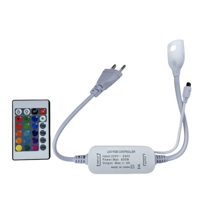 230V RGB CLIP-ON Controller - Inkl. Endkappe, für 230V, Speicherfunktion, Infrarot-Fernbedienung, 50 m
