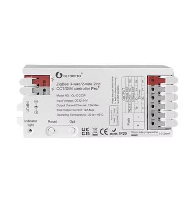 Gledopto Pro 2in1 Zigbee Streifencontroller - Hue kompatibel, 12V/24V, 12V (144W) 24V (288W), Einfarbig + CCT