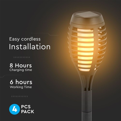 Solarlampen für den Garten 4 Stück - Schwarz, mit Erdspieß, Flammeneffekt, 50 cm hoch