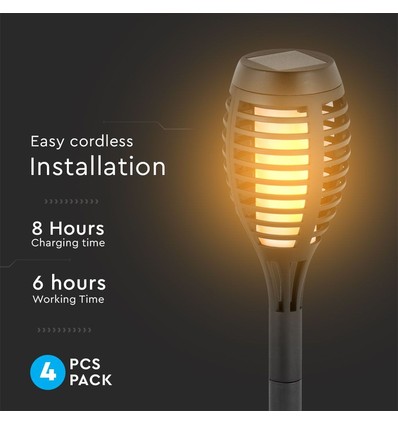 Solarlampen für den Garten 4 Stück - Schwarz, mit Erdspieß, Flammeneffekt, 50 cm hoch