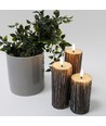 LED Holz-Optik Stumpenkerzen 3er-Set, Schmelz-Optik, Flammen-Effekt - Ø5,5cm, 10/12,5/15cm hoch, Inkl Fernbedienung, Echtwachs
