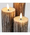 LED Holz-Optik Stumpenkerzen 3er-Set, Schmelz-Optik, Flammen-Effekt - Ø5,5cm, 10/12,5/15cm hoch, Inkl Fernbedienung, Echtwachs