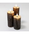 LED Holz-Optik Stumpenkerzen 3er-Set, Schmelz-Optik, Flammen-Effekt - Ø5,5cm, 10/12,5/15cm hoch, Inkl Fernbedienung, Echtwachs