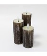 LED Holz-Optik Stumpenkerzen 3er-Set, Schmelz-Optik, Flammen-Effekt - Ø5,5cm, 10/12,5/15cm hoch, Inkl Fernbedienung, Echtwachs