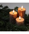 LED Holz-Optik Stumpenkerzen 3er-Set, Schmelz-Optik, Flammen-Effekt - Ø5,5cm, 10/12,5/15cm hoch, Inkl Fernbedienung, Echtwachs