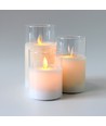 LED Stumpenkerzen Set im Glas Ø7,5cm, 3 Stk., bewegliche Flamme - Inkl. Fernbedienung und Timer, 10/12,5/15cm hoch, Echtwachs