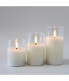 LED Stumpenkerzen Set im Glas Ø7,5cm, 3 Stk., Flammen-Effekt - Inkl. Fernbedienung und Timer, 10/12,5/15cm hoch, Echtwachs
