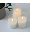 LED Stumpenkerzen Set im Glas Ø7,5cm, 3 Stk., Flammen-Effekt - Inkl. Fernbedienung und Timer, 10/12,5/15cm hoch, Echtwachs