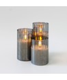 LED Stumpenkerzen Set in Rauchglas Ø7,5cm, 3 Stk., Flammen-Effekt - Inkl. Fernbedienung und Timer, 10/12,5/15cm hoch, Echtwachs