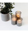 LED Stumpenkerzen Set in Rauchglas Ø7,5cm, 3 Stk., Flammen-Effekt - Inkl. Fernbedienung und Timer, 10/12,5/15cm hoch, Echtwachs