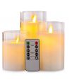 LED Stumpenkerzen Set im Glas Ø7,5cm, 3 Stk., bewegliche Flamme - Inkl. Fernbedienung und Timer, 10/12,5/15cm hoch, Echtwachs
