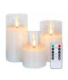 LED Stumpenkerzen Set im Glas Ø7,5cm, 3 Stk., Flammen-Effekt - Inkl. Fernbedienung und Timer, 10/12,5/15cm hoch, Echtwachs