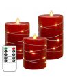 LED Blockkerzen 3er-Set mit Lichterkette, Flammeneffekt - Ø7,5cm, 10/12,5/15cm, inkl. Fernbedienung, Timer, Echtwachs, Rot