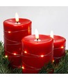 LED Blockkerzen 3er-Set mit Lichterkette, Flammeneffekt - Ø7,5cm, 10/12,5/15cm, inkl. Fernbedienung, Timer, Echtwachs, Rot