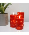 LED Blockkerzen 3er-Set mit Lichterkette, Flammeneffekt - Ø7,5cm, 10/12,5/15cm, inkl. Fernbedienung, Timer, Echtwachs, Rot