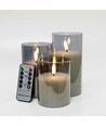 LED-Kerzen in grauem Glas Ø7,5cm, 3 Stk, Flammeneffekt