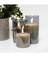 LED-Kerzen in grauem Glas Ø7,5cm, 3 Stk, Flammeneffekt