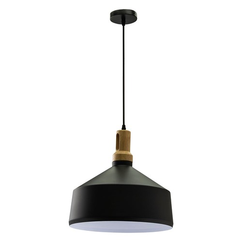 E27 Pendelleuchte in Schwarz aus Eisen mit Holzaufsatz - Ø30 cm, Vintage Serie, ohne Leuchtmittel