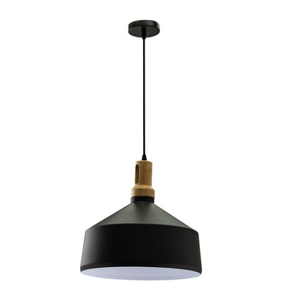 E27 Pendelleuchte in Schwarz aus Eisen mit Holzaufsatz - Ø30 cm, Vintage Serie, ohne Leuchtmittel
