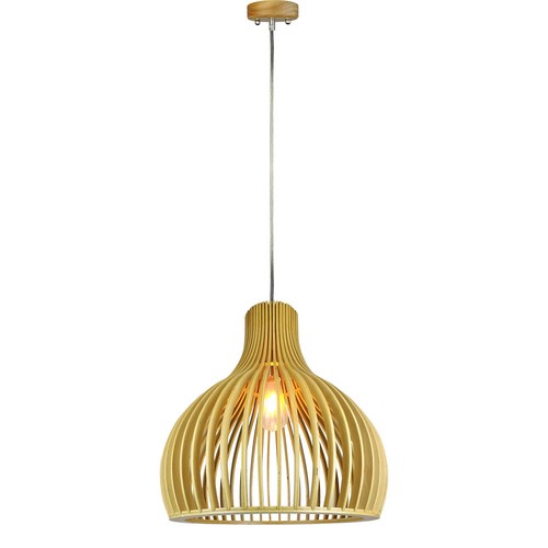 Ø35cm Holz Pendelleuchte mit Chrom-Details - E27 Fassung, rund, H45cm, dekorative Deckenleuchte