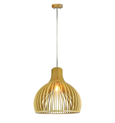 Ø35cm Holz Pendelleuchte mit Chrom-Details - E27 Fassung, rund, H45cm, dekorative Deckenleuchte