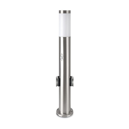 60cm E27 Gartenleuchte mit Sensor und 2 Steckdosen - IP44, Edelstahl