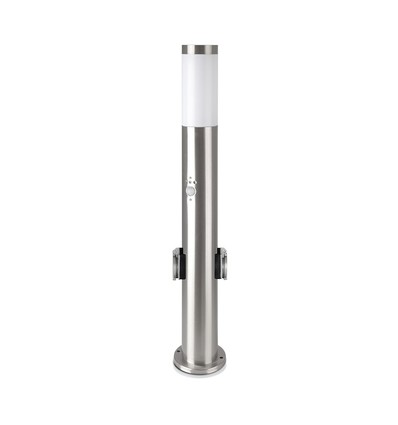 60cm E27 Gartenleuchte mit Sensor und 2 Steckdosen - IP44, Edelstahl