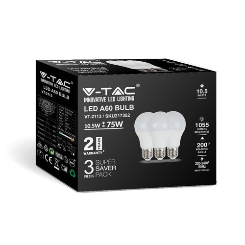 3 Stk. E27 10,5W LED Birne - A60, Mattglas, 4000K, 1055lm, 3er-Pack