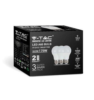 3 Stk. E27 10,5W LED Birne - A60, Mattglas, 3000K, 1055lm, 3er-Pack