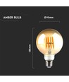 V-Tac G95 8W LED-Globuslampe - Kohlenfaden, Ø9,5 cm, bernsteinfarbenes Glas, extra warmweiß, 2200K, E27