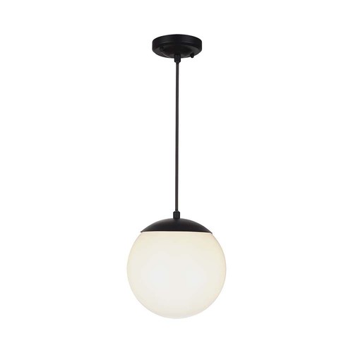 Ø20cm Pendelleuchte, Mattschwarz - IP44, E27 Fassung, opalweiße Kugel, Aluminium und Kunststoff, ohne Leuchtmittel