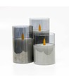 LED Stumpenkerzen Set in Rauchglas Ø7,5cm, 3 Stk., Flammen-Effekt - Inkl. Fernbedienung und Timer, 10/12,5/15cm hoch, Echtwachs