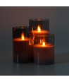 LED Stumpenkerzen Set in Rauchglas Ø7,5cm, 3 Stk., Flammen-Effekt - Inkl. Fernbedienung und Timer, 10/12,5/15cm hoch, Echtwachs