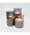 LED Stumpenkerzen Set in Rauchglas Ø7,5cm, 3 Stk., Flammen-Effekt - Inkl. Fernbedienung und Timer, 10/12,5/15cm hoch, Echtwachs