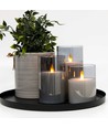 LED Stumpenkerzen Set in Rauchglas Ø7,5cm, 3 Stk., Flammen-Effekt - Inkl. Fernbedienung und Timer, 10/12,5/15cm hoch, Echtwachs