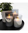 LED Stumpenkerzen Set in Rauchglas Ø7,5cm, 3 Stk., Flammen-Effekt - Inkl. Fernbedienung und Timer, 10/12,5/15cm hoch, Echtwachs