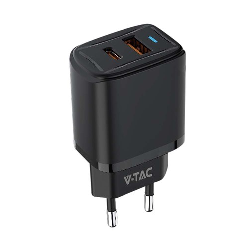 20W USB Reiseadapter mit PD und QC - Schwarz, Schnellladegerät, 1x USB-A und 1x USB-C PD