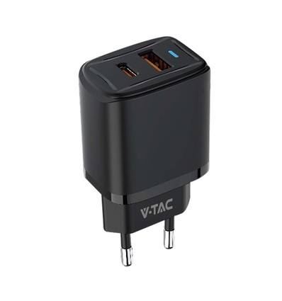 20W USB Reiseadapter mit PD und QC - Schwarz, Schnellladegerät, 1x USB-A und 1x USB-C PD