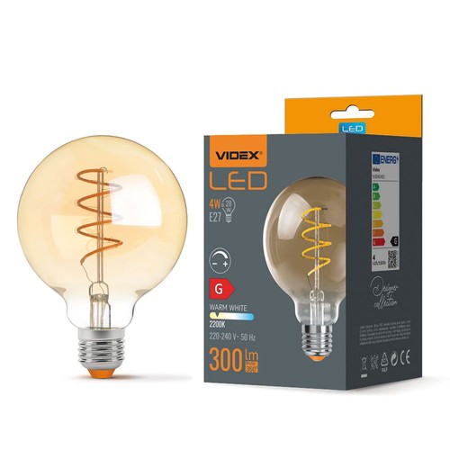 E27 4W dimmbare LED Lampe - G95, Spiral Filament, Amber Glas, 2200K, flicker free
