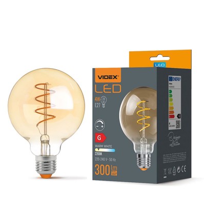 E27 4W dimmbare LED Lampe - G95, Spiral Filament, Amber Glas, 2200K, flicker free