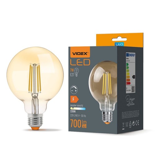 E27 7W dimmbare LED Lampe - G95, Amber Glas, Filament, 2200K, ersetzt 53W