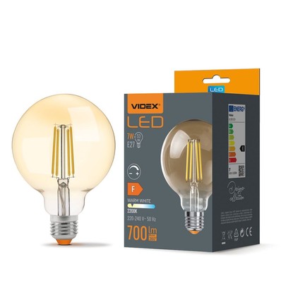 E27 7W dimmbare LED Lampe - G95, Amber Glas, Filament, 2200K, ersetzt 53W