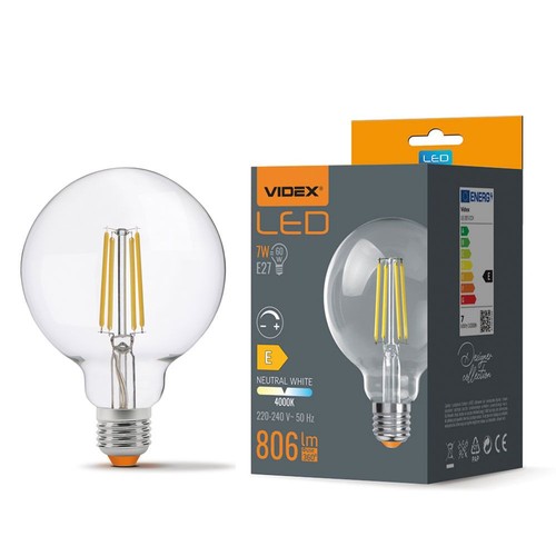 E27 7W dimmbare LED Lampe - G95, 806lm, 4000K, 360 Grad, Filament Glas