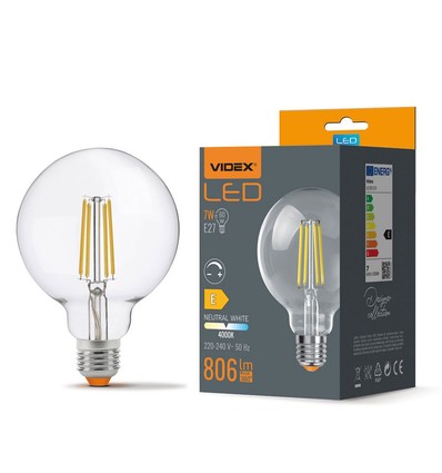 E27 7W dimmbare LED Lampe - G95, 806lm, 4000K, 360 Grad, Filament Glas