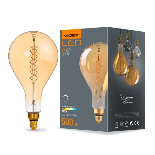 E27 8W dimmbare LED Lampe - PS160, Spiral Filament, Amberglas, 1800K, 500lm