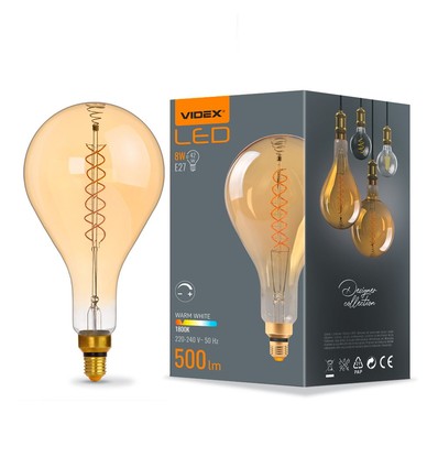E27 8W dimmbare LED Lampe - PS160, Spiral Filament, Amberglas, 1800K, 500lm