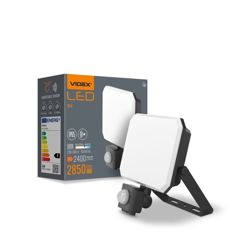 30W LED Fluter mit Sensor - 5000K, IP65, schwarz, PIR Bewegungsmelder, Außenbereich