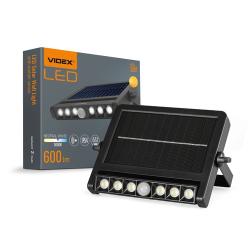 Solar LED Wandleuchte mit Sensor, 600lm - 5000K, IP54, schwarz, Bewegungsmelder