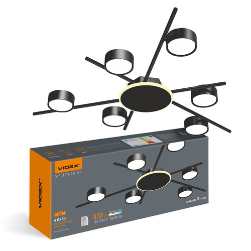 6x GX53 Deckenleuchte mit Backlight, 9W - Schwarz, 2700K, 830lm, IP20, ohne Leuchtmittel für GX53 Fassung