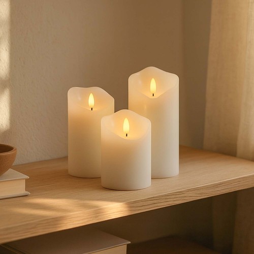 3er-Set LED-Kerzen 10cm, Flammeneffekt, weiß - Ø7,5cm